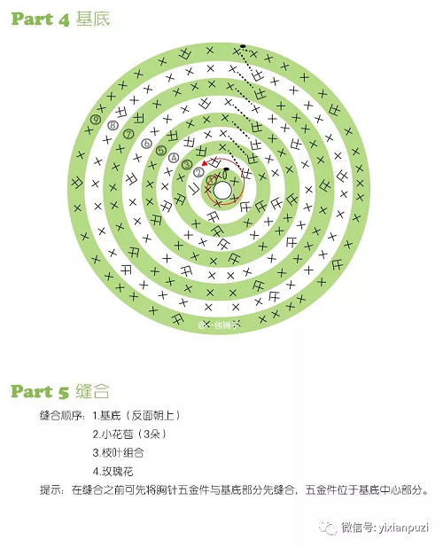 一线铺子原创：玫瑰花束胸针钩针编织图解教程